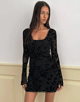 Selca Mini Dress in Flock Leaf Flower Black