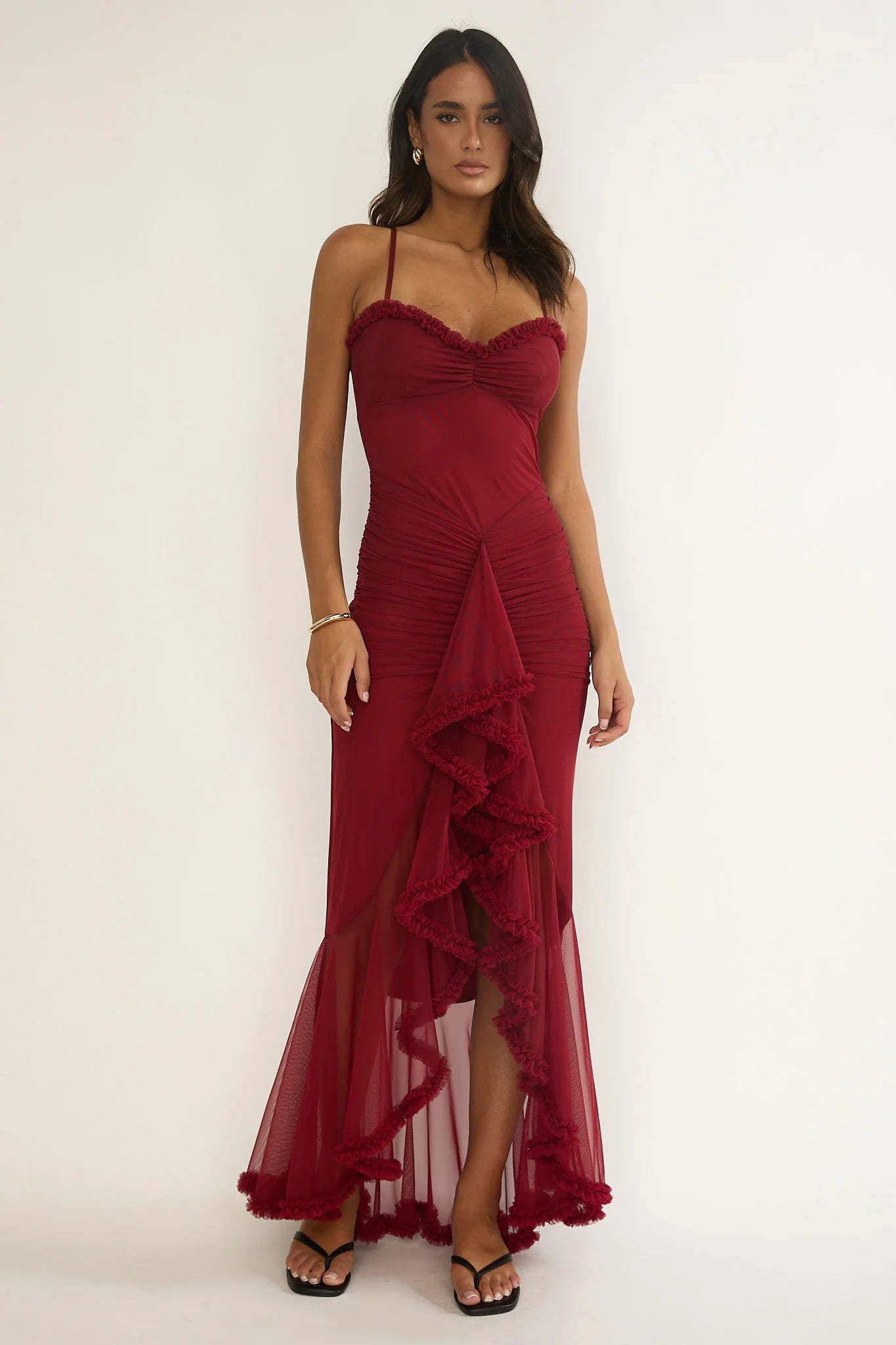 Noelia Gathered Waist Frill Trim Maxi Dres Wine