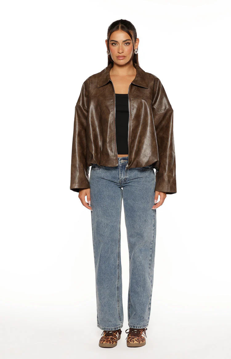 River Vintage Brown PU Bubble Hem Bomber Jacket