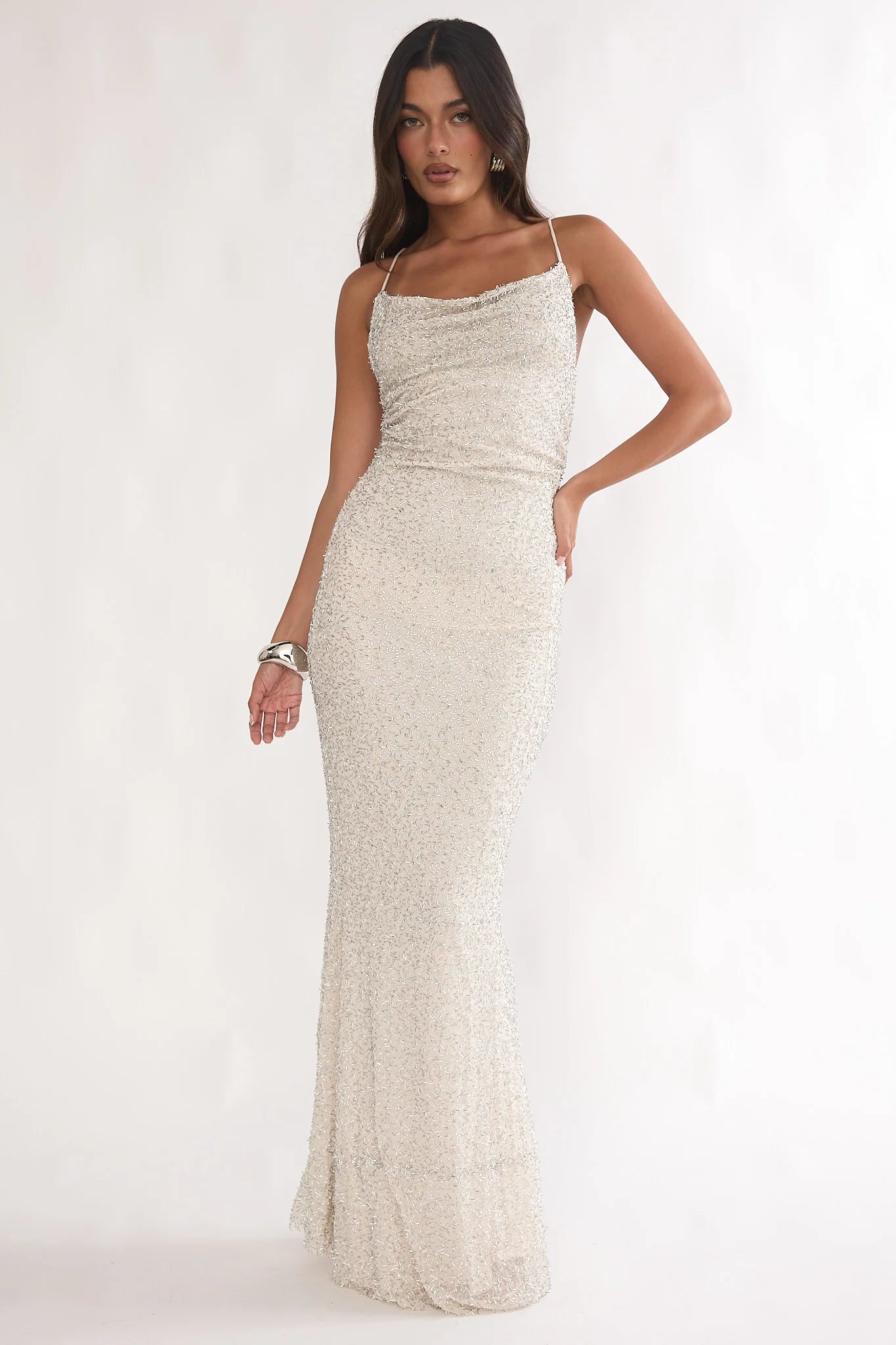 Emillia Strappy Open Back Maxi Dress Sequin Ivory