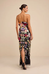 Macario Black Multi 3D Floral Embroidered Strapless Maxi Dress