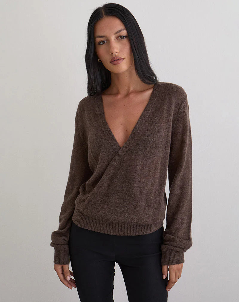 Saroya Plunge Wrap Top in Knit Dark Chocolate