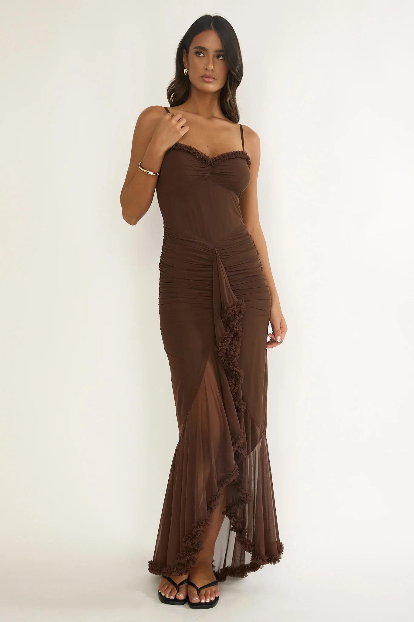 Noelia Gathered Waist Frill Trim Maxi Dres Chocolate