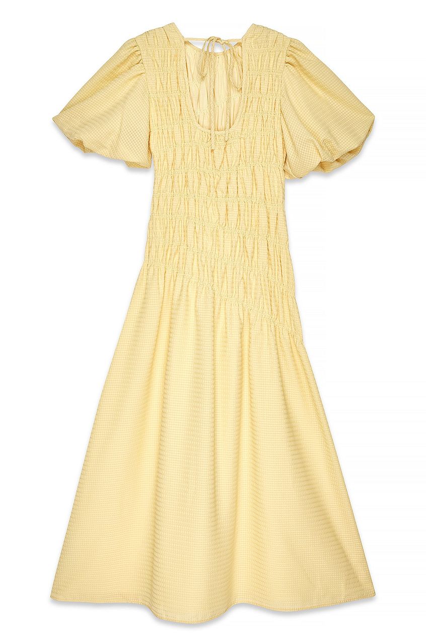 Smock Detail Puff Sleeve Midi Dress