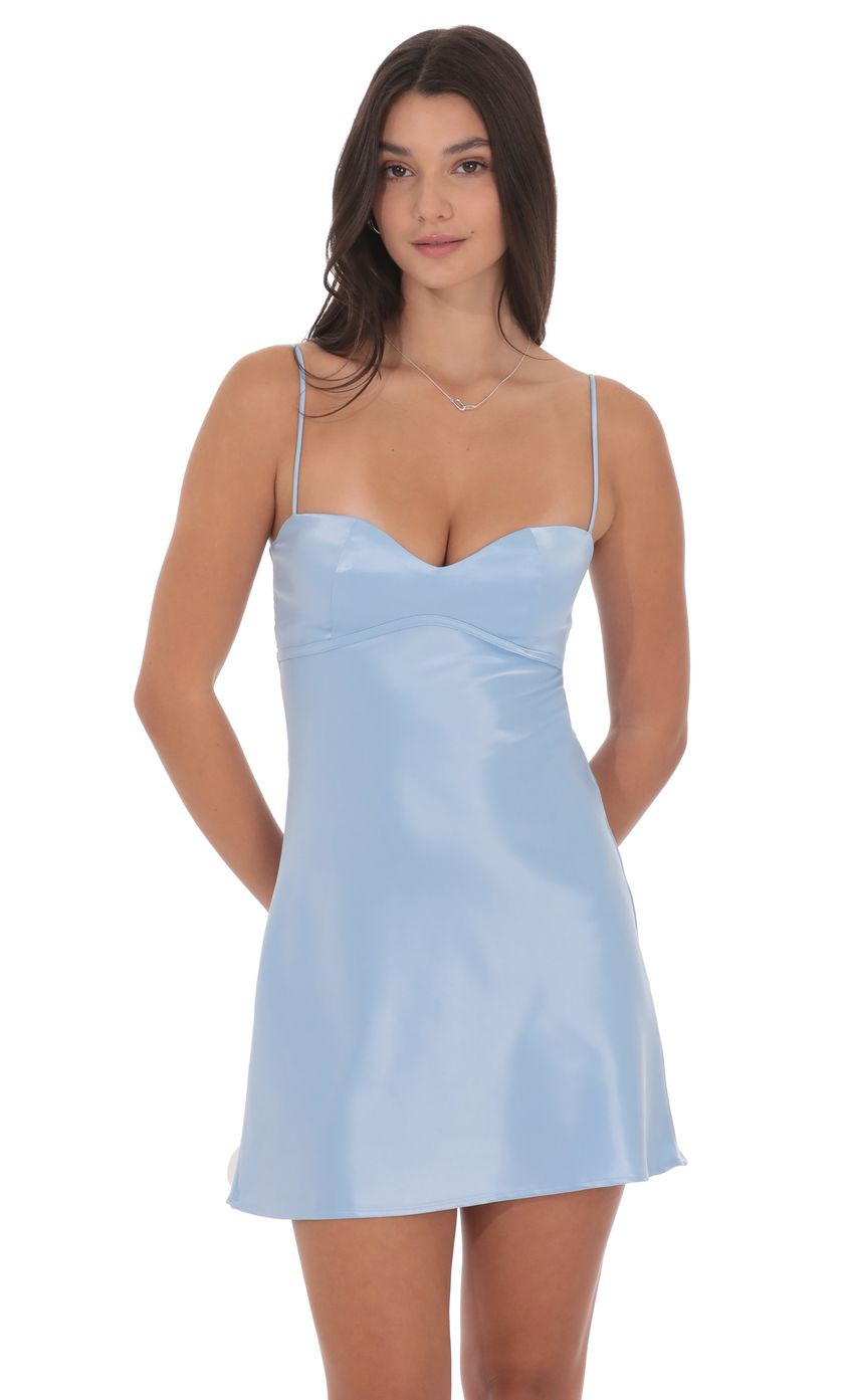 Satin Sweetheart Neck Dress in Light Blue